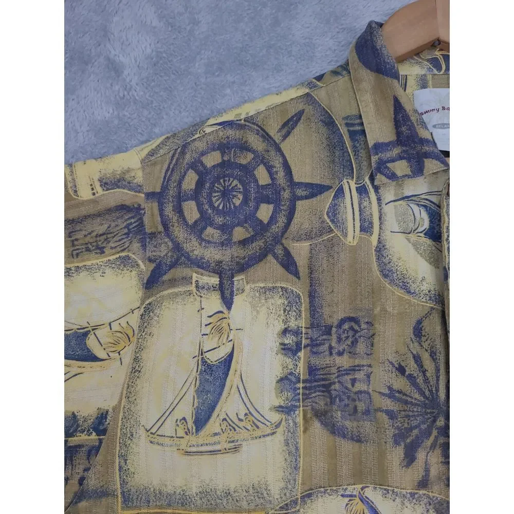 Tommy Bahama Relax Shirt‎ Men's Medium Silk Gold Blue Tiki Dugout Canoe Hawaiian